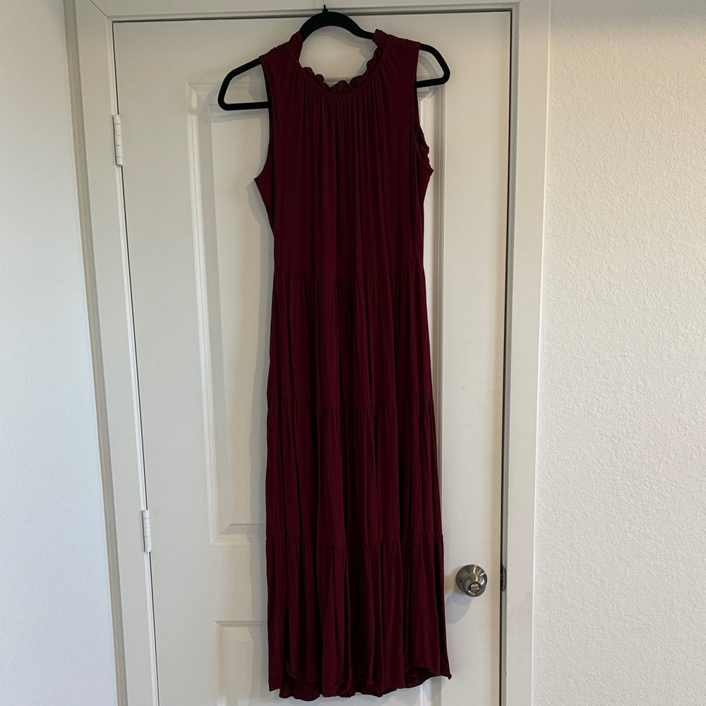 Calvin Klein Sleeveless Burgundy Maxi Dress with Tiered Skirt